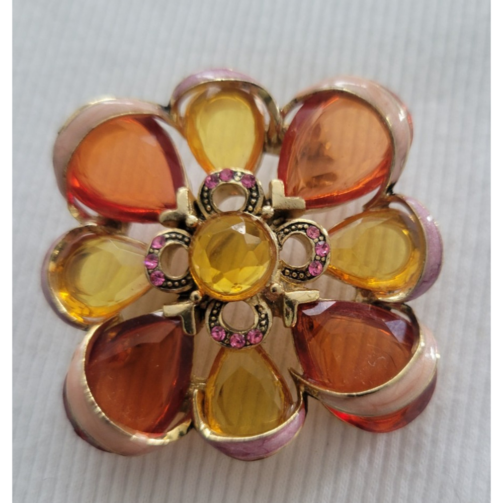 Vintage Monet Pink Gold Open Back Crystal Enamel Flower Gold Tone Pin Brooch